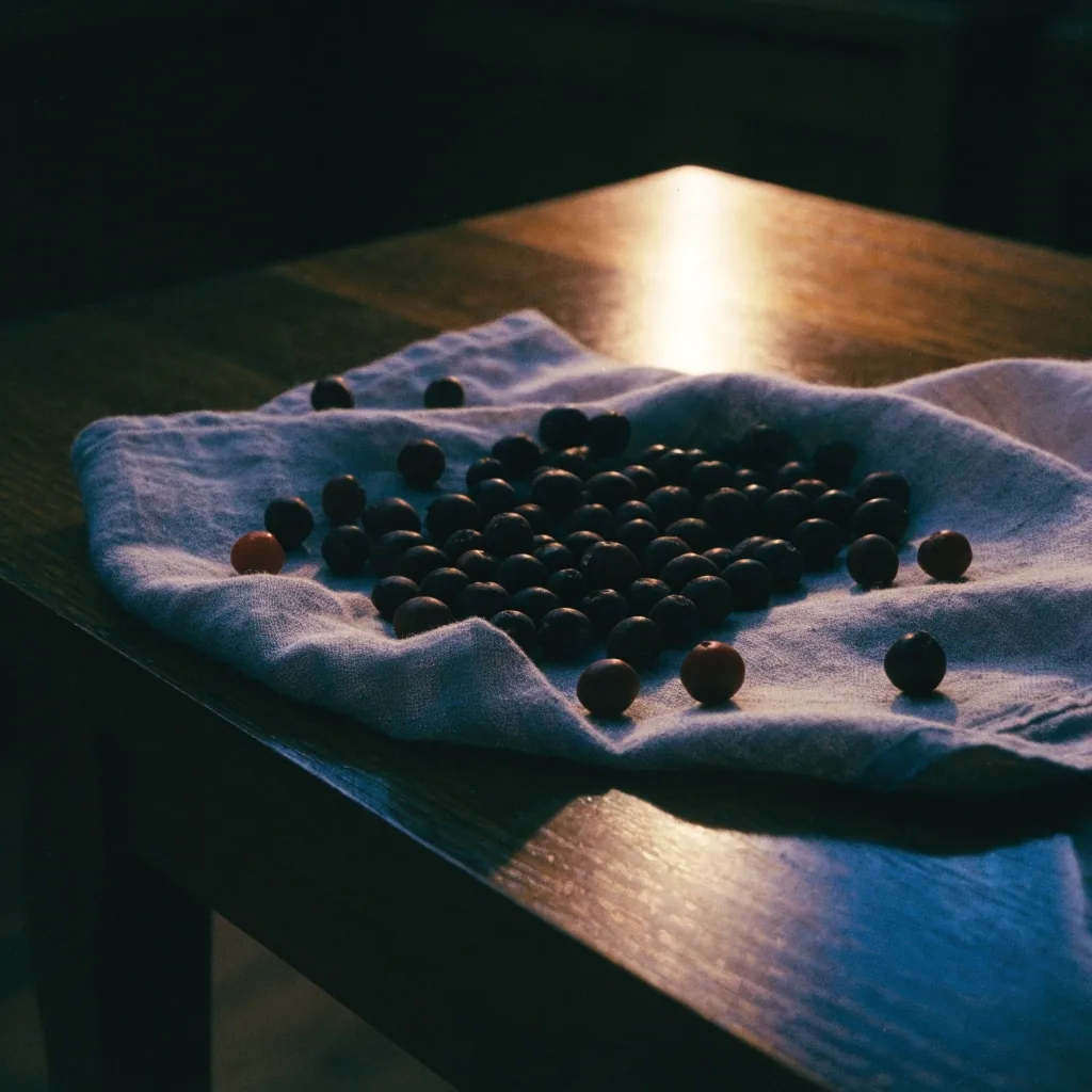 Dark saw palmetto berries scattered on linen under warm side light