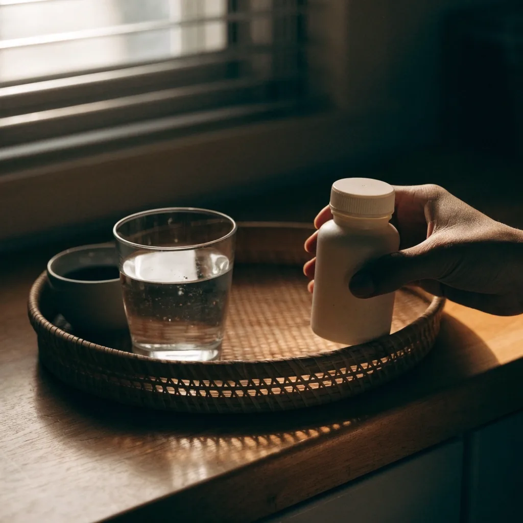 A hand turning a plain supplement bottle on a dark oak counter beside a glass of water
