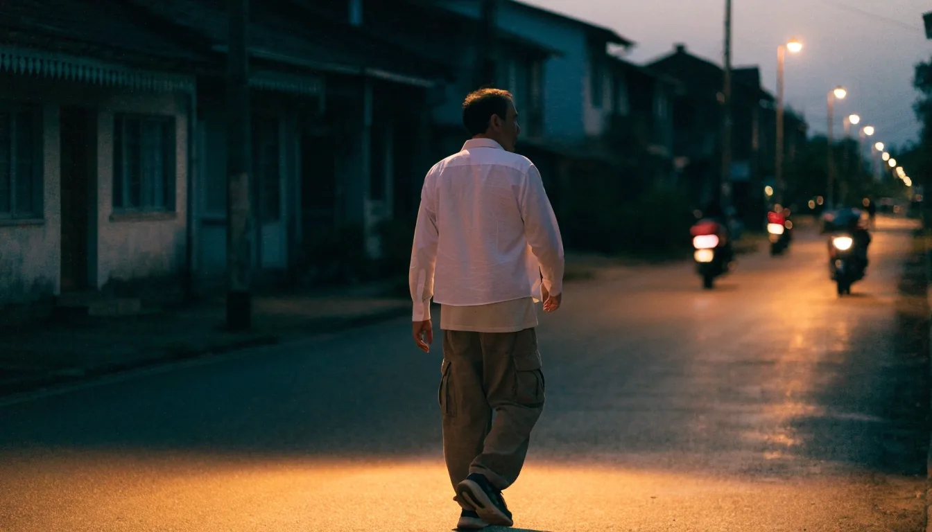 A man walking along a quiet Palembang residential street in the evening under warm street lamps