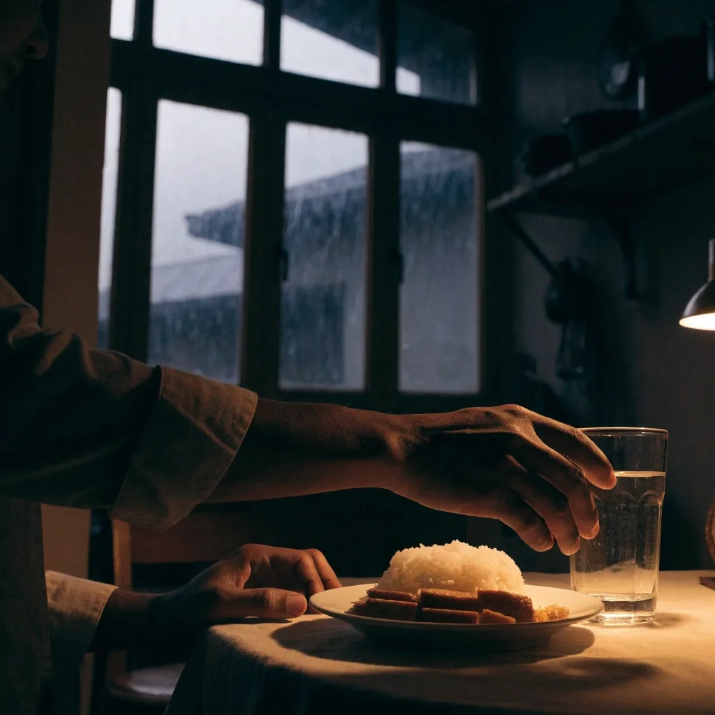 A home breakfast table with rice, tempeh slices and water under a single warm lamp before sunrise