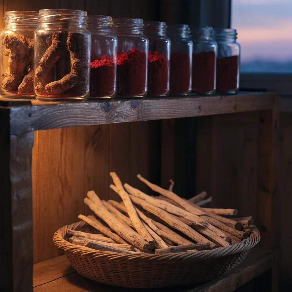 Dried botanical roots and berries on an oak bench under a single warm lamp at night