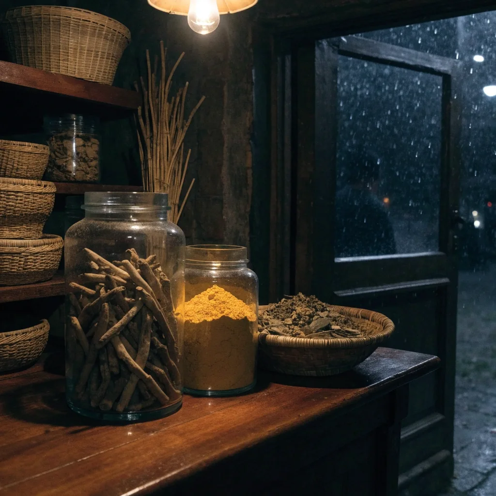 Wet Indonesian street corner at night with one warm lamp pooling on the sidewalk