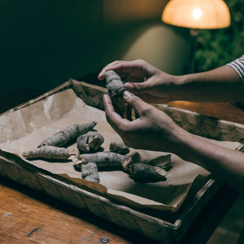 Dried purwoceng root pieces arranged on brown paper on a dark oak bench