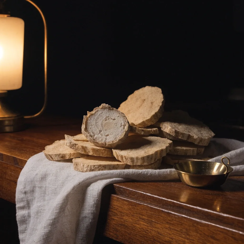 Pale dried maca root chips piled on linen on a dark wooden bench